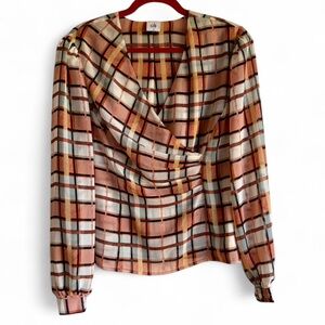 CAbi #6295 Whist Plaid V Neck Faux Wrap Blouse Size M